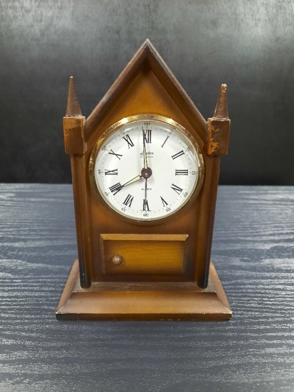 Vintage Linden Black Forest Steeple Clock West Germany Mechanical Alarm Wood 6"
